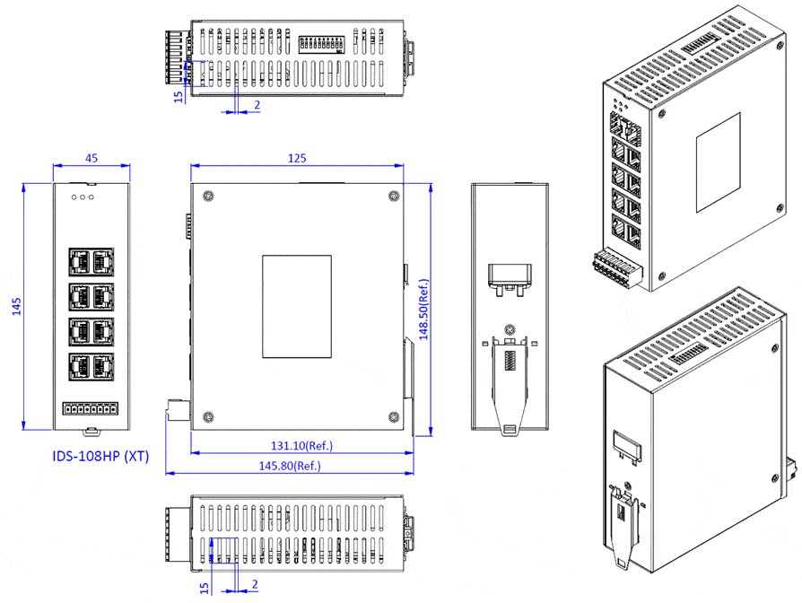 IDS-108HP PoE (90W) Switches - Mechanical Drawing